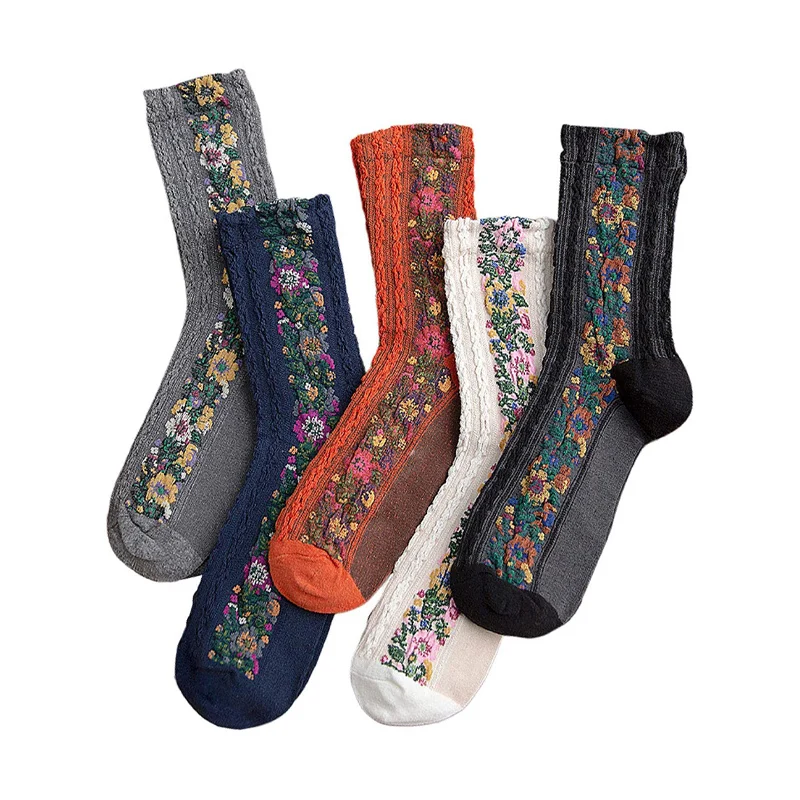 5 Pairs Women Floral Retro Style Novelty Cotton Socks Vintage Embroidered Socks Ladies Socks Flower