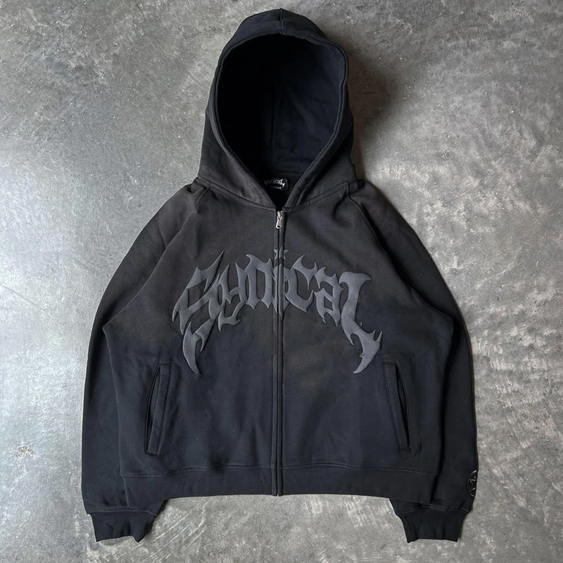 Custom Streetwear Oversized Acid Stone Washed Distressed Puff Print Hoodie Sun Faded Acid Wash Zip Up Hoodies For Men