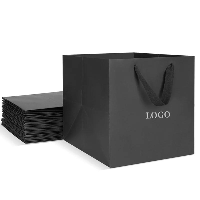 Flower Wrapping Portable Paper Packaging Bags Custom Black Kraft Square Paper Bag Logo Shopping Paper Bag with Handles