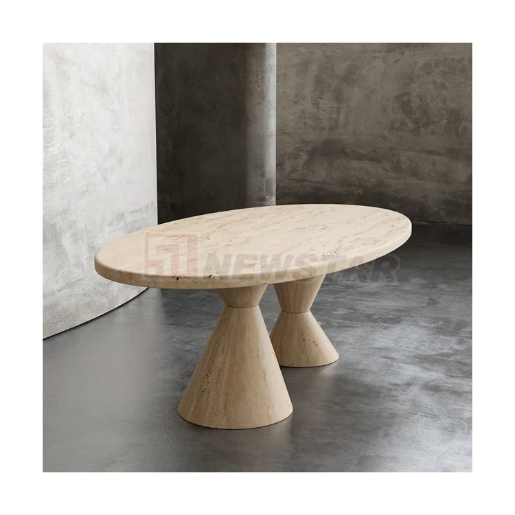 Newstar Stone Tan Travertine Upscale Home Decor Oval Stone Dining Table with Dual Conical Pedestal Base