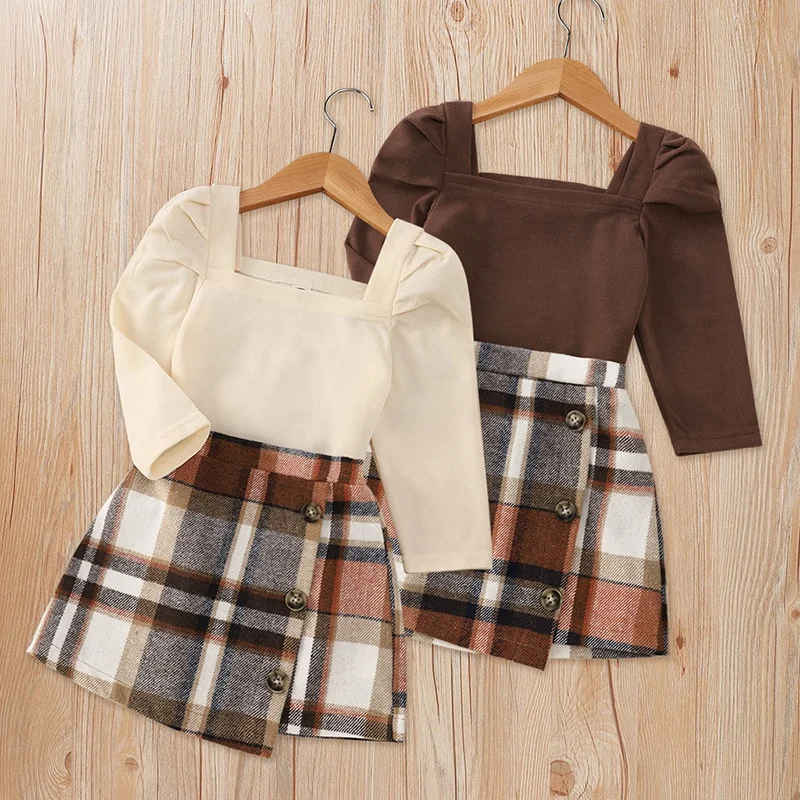 Для девочек-подростков комплекты одежды с длинными рукавами состоящие из однотонной футболки и рубашки для мальчиков в клетку принтом со складками девочек; Весенняя одежда детей 2 шт От 3 до 6 лет детская