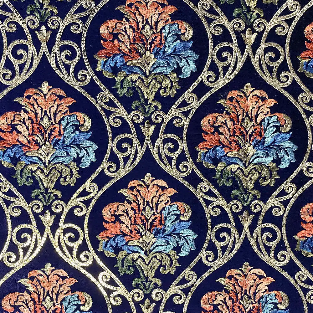 High Quality 100% Polyester Luxury Vintage Pattern Embroidery Sofa Fabric Embroidered Vintage Upholstery Fabric