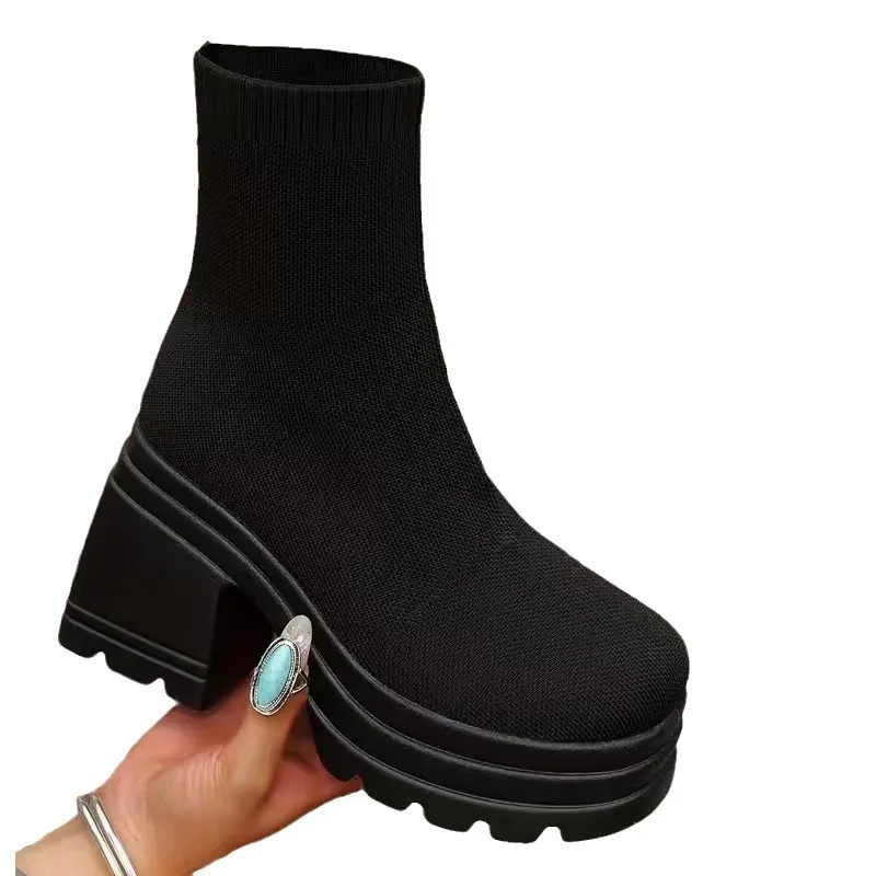 Wholesale Solid Color Ladies Thick Bottom Women Shoes Short Boots Round Toe Chunky Heel Platform Sock Boots