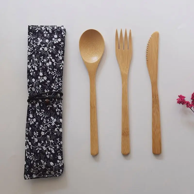 logo 3 pcs/set Bamboo Travel Cutlery Set Manufacturer Wooden Cutlery Travel Set Camping Bamboo Utensils Wholesale custom logo