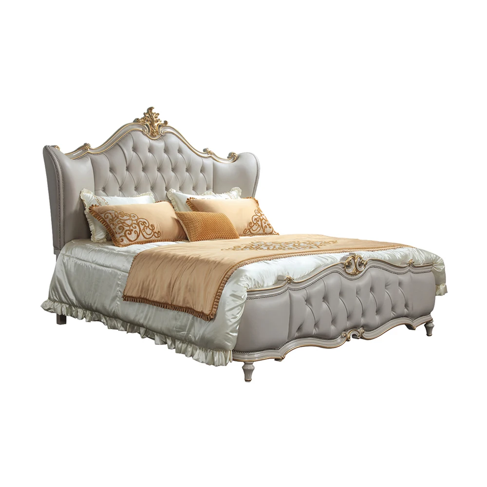 OEM/ODM Bedroom Furniture King Size  Wooden Frame Oak Solid Wooden Leather Bed