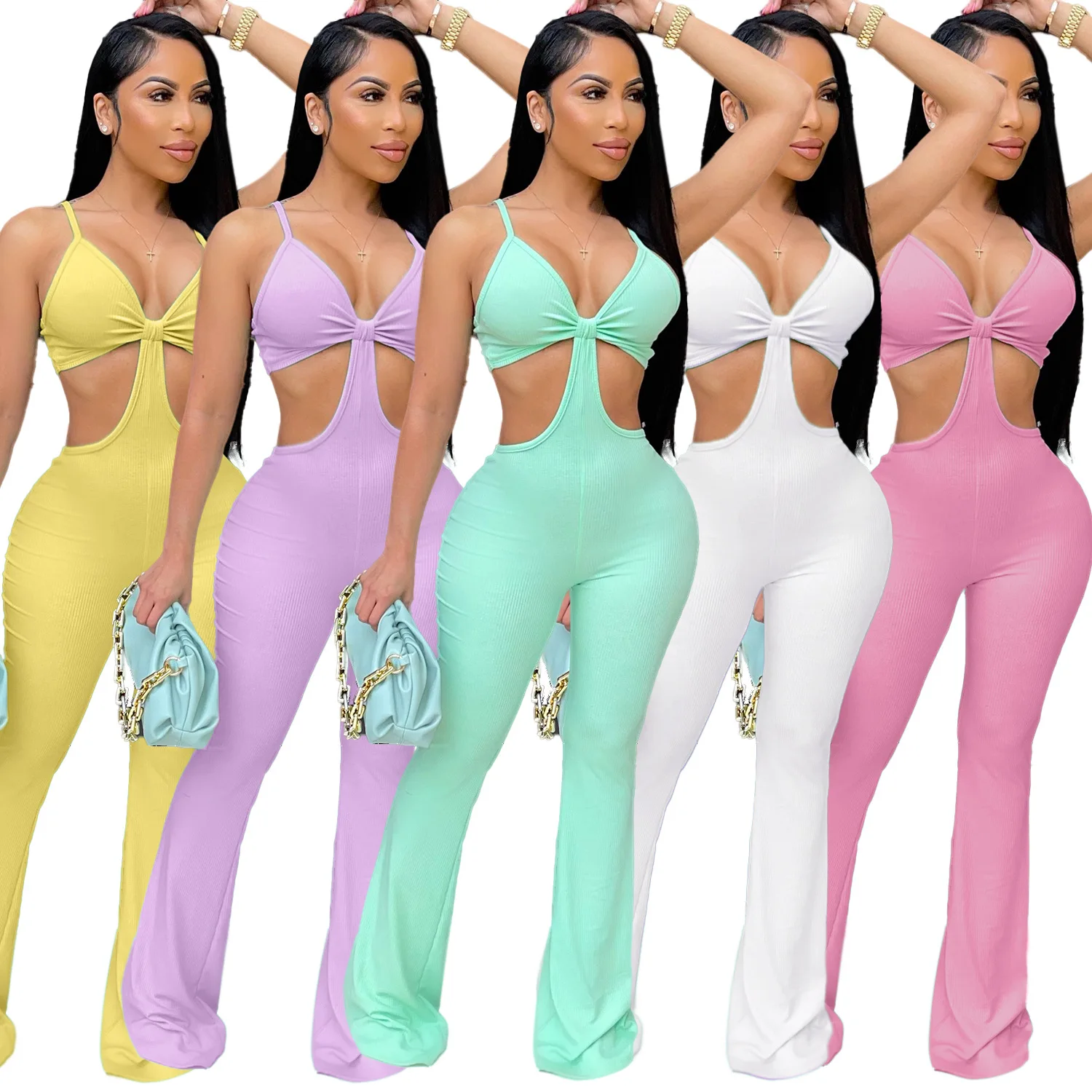 
Custom Logo Solid Color Sexy Bodycon Sleeveless V Neck Flare Women Romper One Piece Jumpsuits 