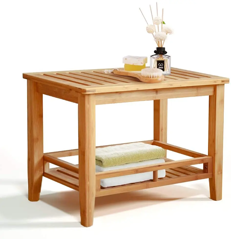 Бамбуковая душевая скамейка с органайзером для хранения. Водонепроницаемый стул для душа для спа-ванной. Многофункциональная бамбуковая стойка для хранения и скамейка.