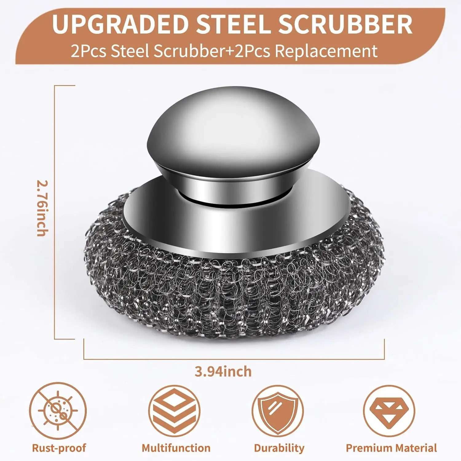 Steel Wool Scrubber with Replacement Wire Pads Set Stainless Steel Scrubber with Handle for Scouring Stubborn Messes