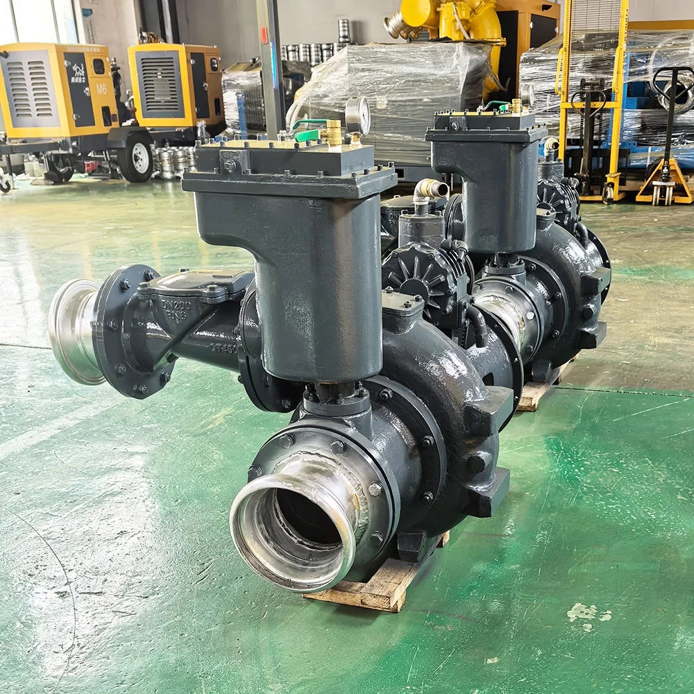 High suction and fast exhaust diesel engine vacuum assisted flood control pump