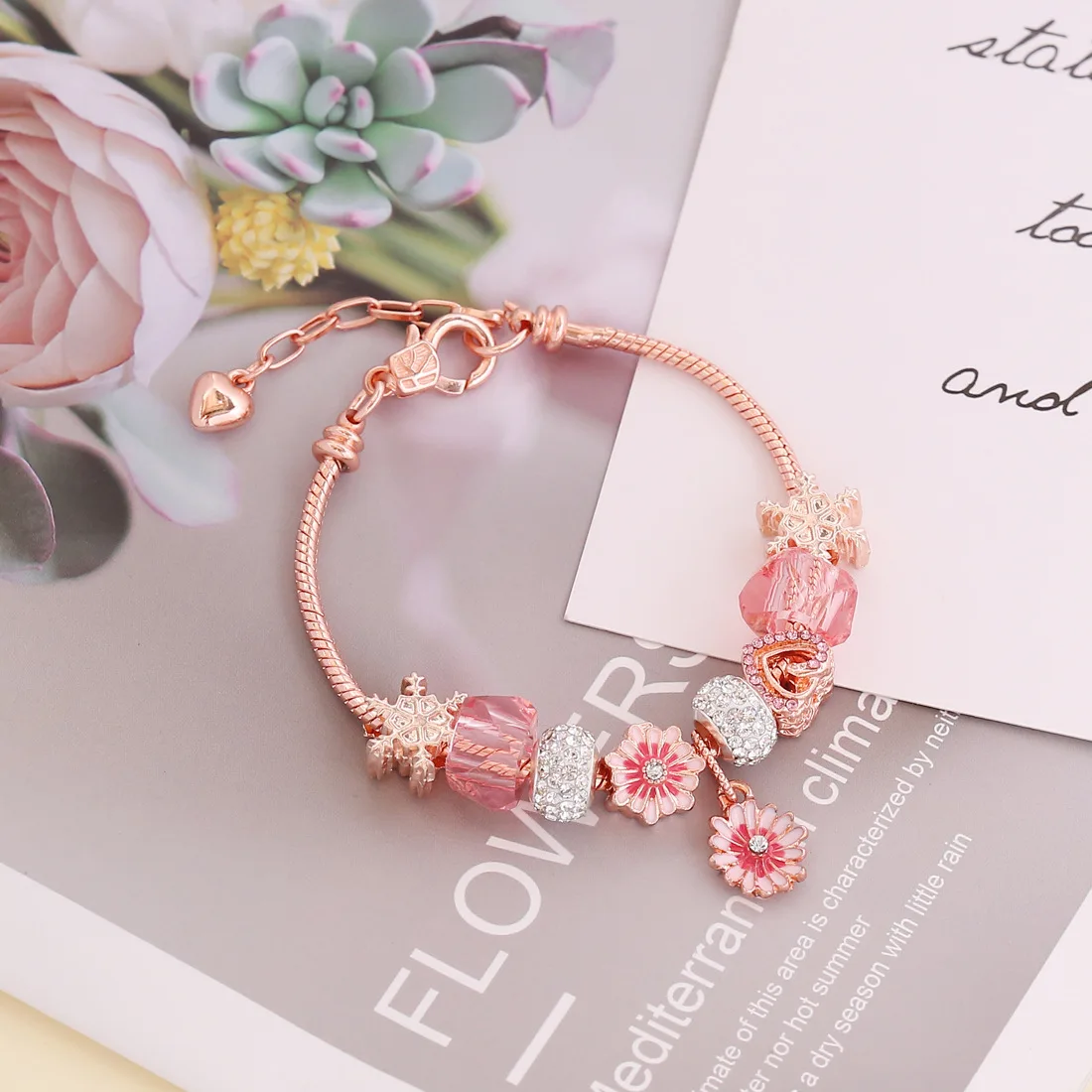 Wholesale Rose Gold Enamel Metal Big Hole Beaded Bracelet Heart Charm Bracelet for Women Jewelry