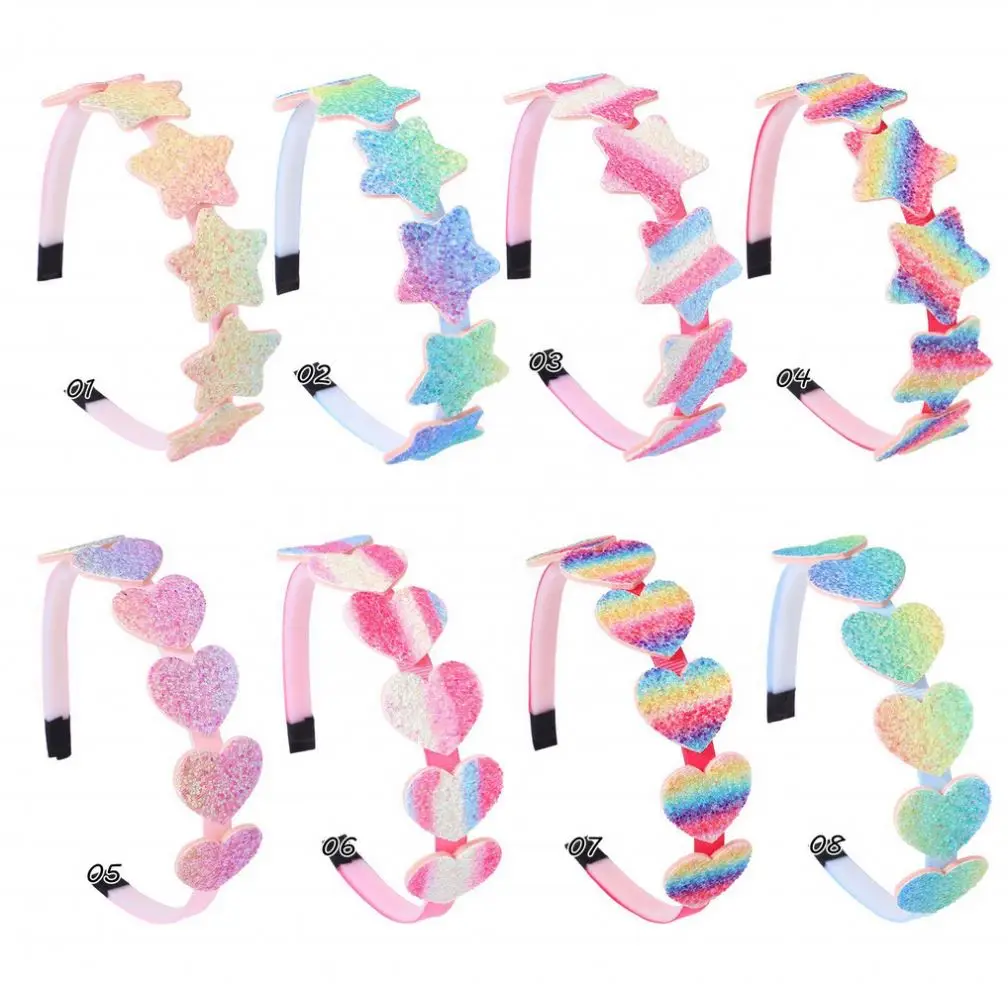2023 Wholesale Girls Colorful Sequin Heart Hair Bands Kids Gradient Rainbow Stars Glitter Headbands for Party