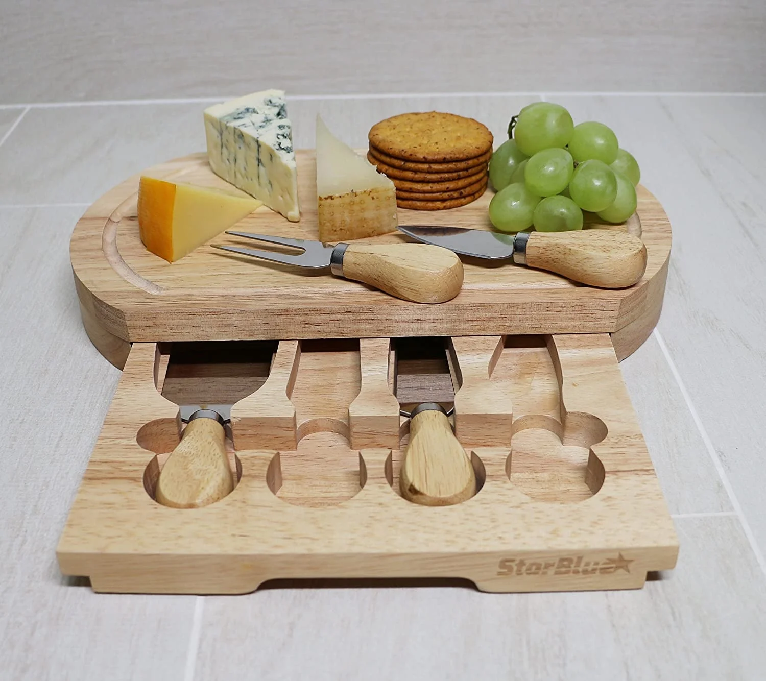 Cheese Board Set by StarBlue - with 4 Knives and Slide Out Drawer | Large Oak Wooden Cheese and Platter Cutting Serving Plate