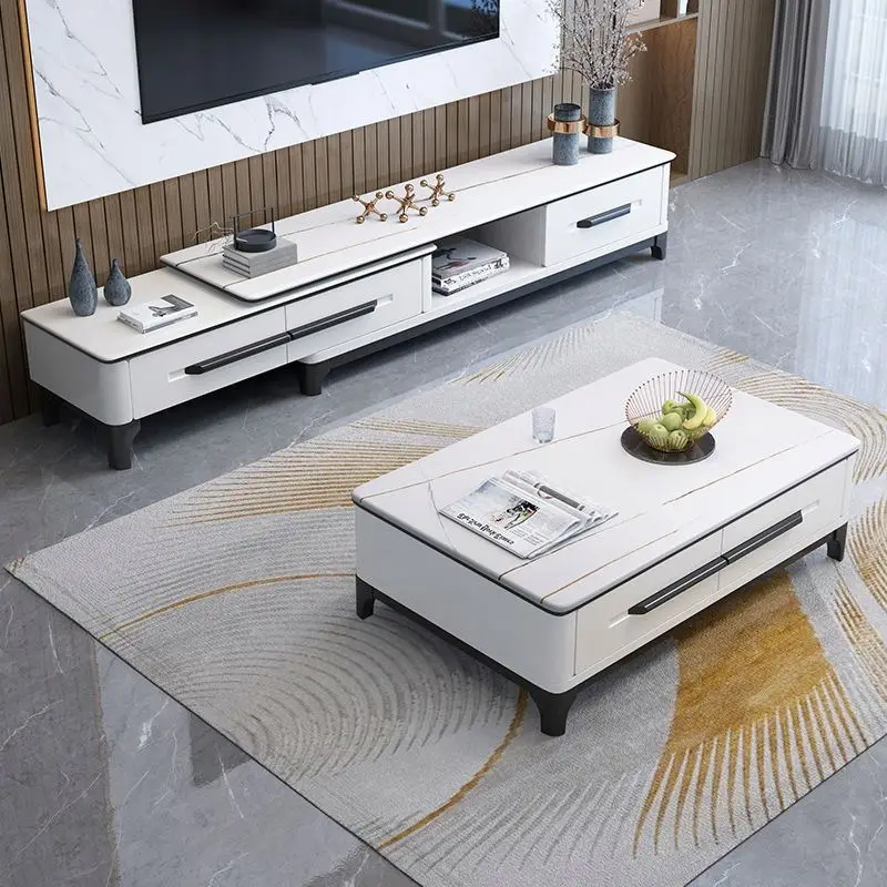 TV Cabinet Italian Light Luxury Slate Tv Stand And Coffee Table Set Modern Minimalist Retractable Living Room Floor Cabinet