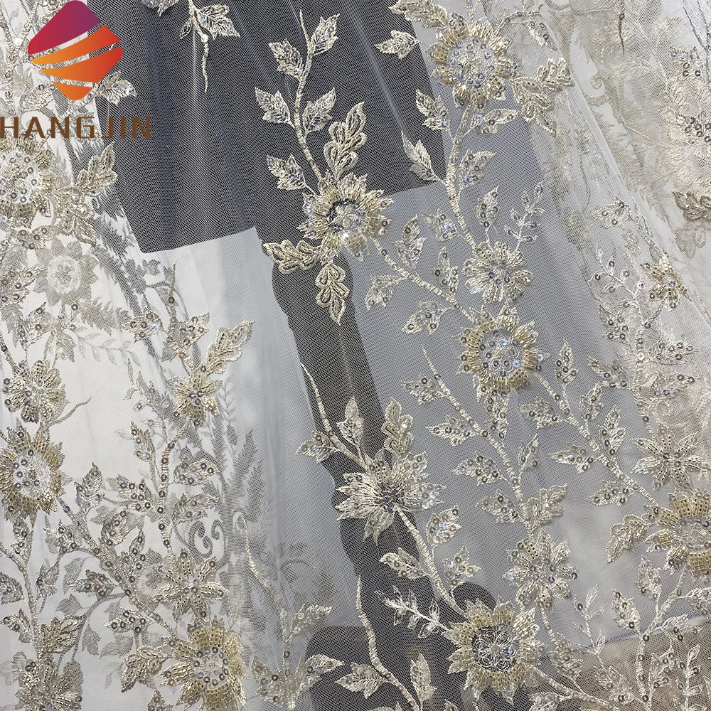 Luxury Champagne French Bridal Lace Fabric Pearls Embroidery Beaded Tulle Lace For Party Wedding Dress