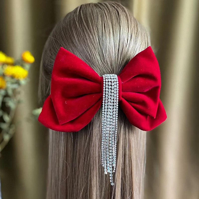 Women Girls Wedding Bride Hair Accessories Red Velvet Bow Clip Rhinestone Chain Tassel Hair Bows