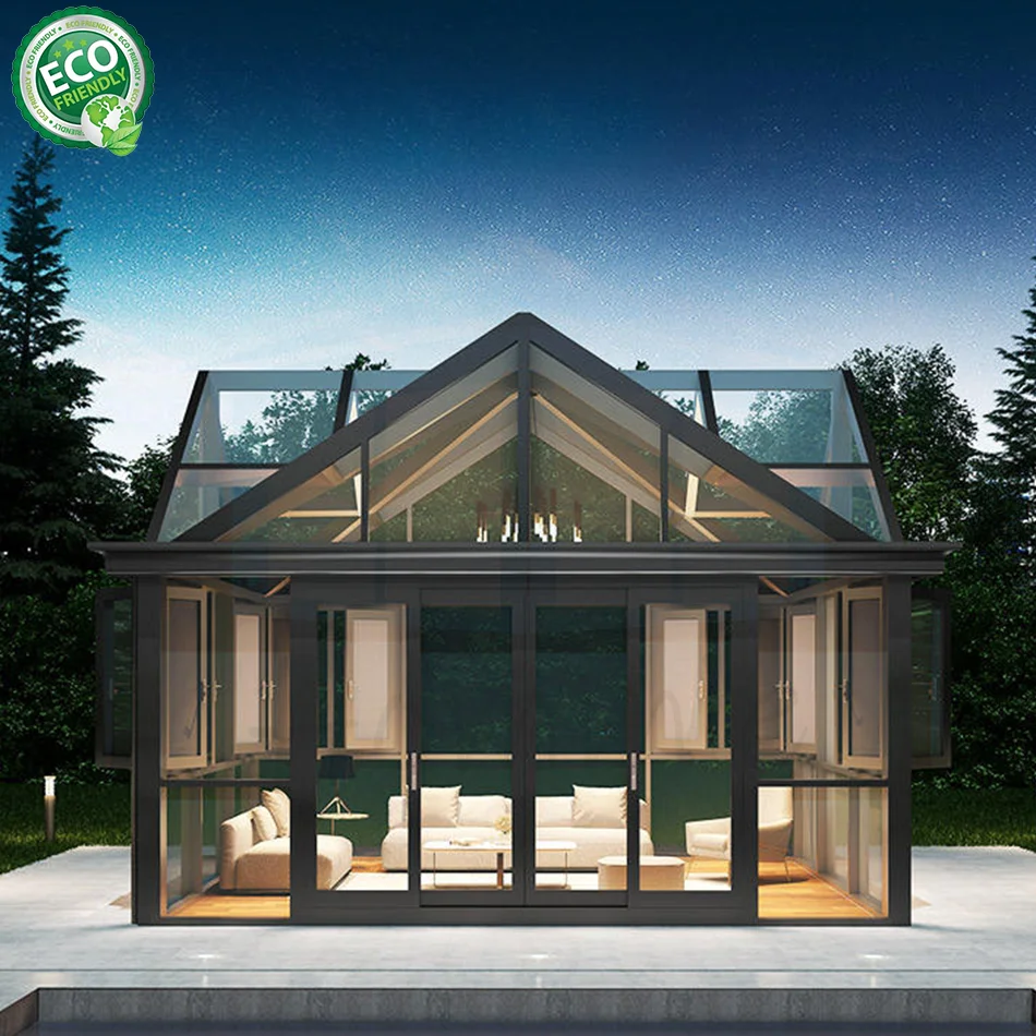 Free Standing Sunroom Customizable Waterproof Triangle Aluminum All Season Gable Glass House