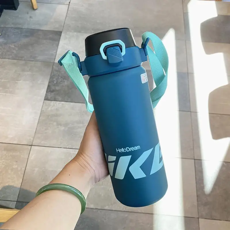 1L Stainless Steel Double Drink Thermos Cup Portable Outdoor Sports Water Bottle Strap Hot Cold Thermal Insulation Performance