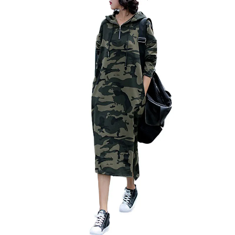 New Arrivals Fall Women Custom OEM Casual Camouflage Cotton Long Dress Plus Size Zipper Hooded Hoodie Dresses With Pockets