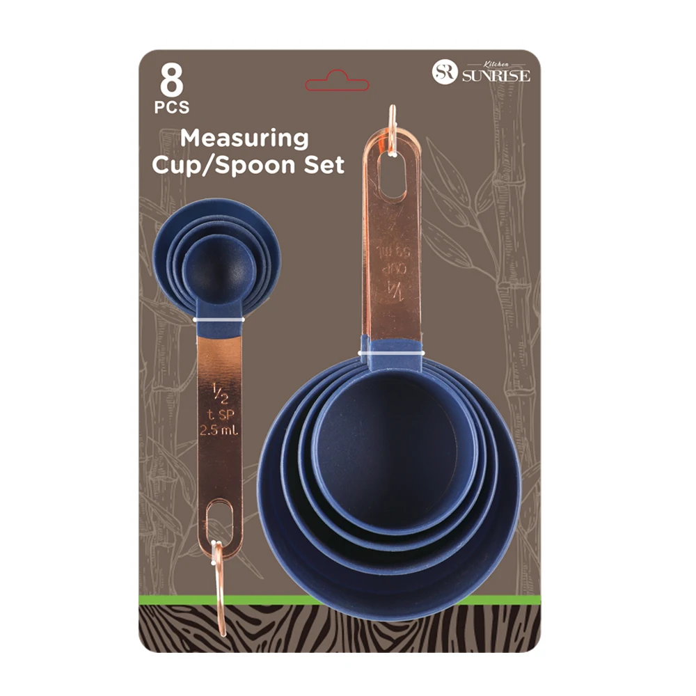 Food Grade 8 Pieces Black Plastic Measuring Cups and Measuring Spoon Set With Rose Gold Copper Handle