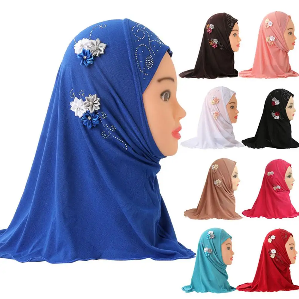 2023 Beautiful Small Girl Scarf with Handmade Flowers Fit 2-6 Years Old Kids Shawls Pull On Islamic Muslim Hijab Head Wrap
