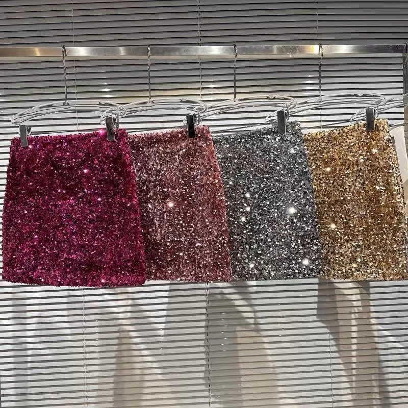 OUDINA Hot Sale Wholesale Nightclub Crystal Rhinestones Sequined Shiny Short Skirt Sequin Mini Ladies Skirts