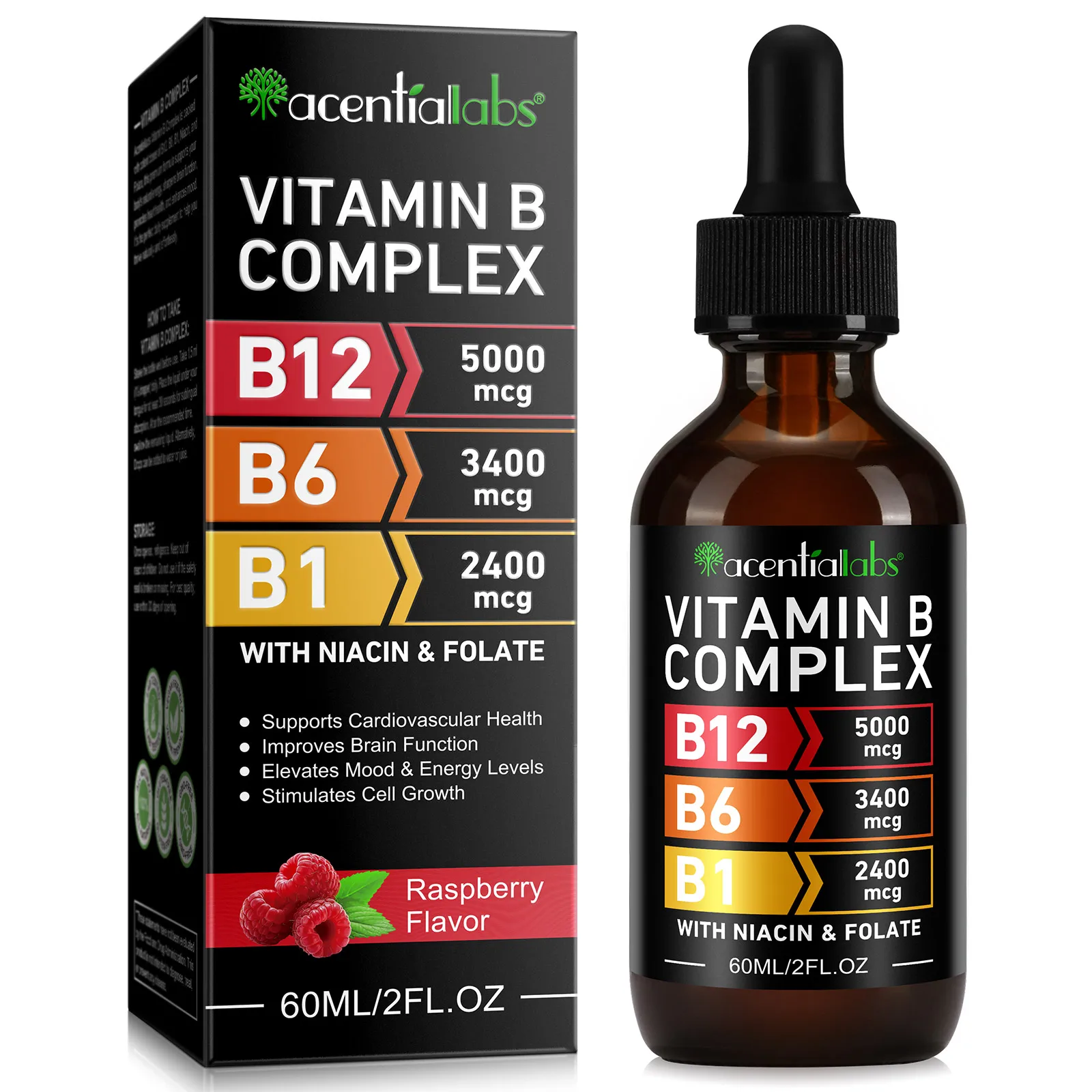 Acentiallabs raspberry flavor vitamines b12 b6 b1 niacin folate 60ml vitamin b supplements vitamin b complex liquid drops