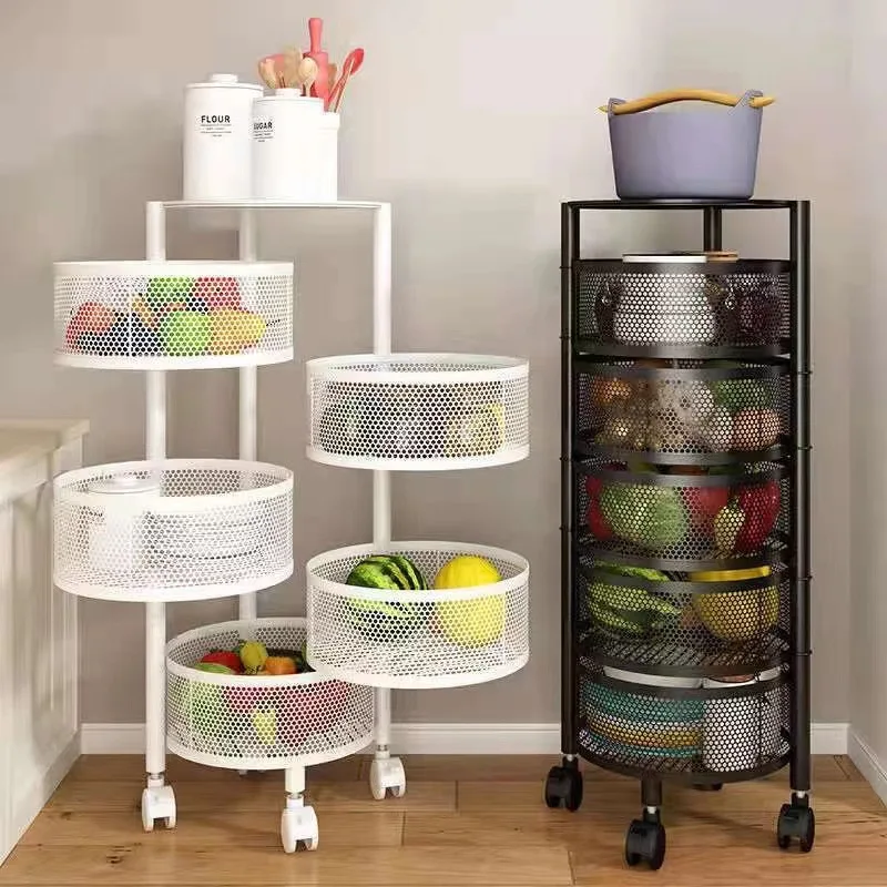 Fruit Vegetable Basket Kitchen 5 Tier Rolling Cart with Top Lid Large Metal Wire Wheels Black Rotating Storage Rack