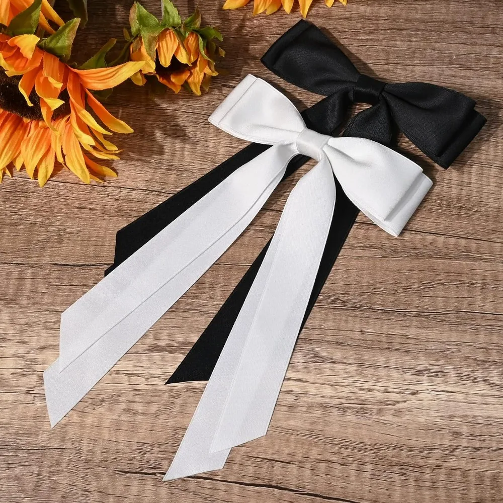 Sweet 2PCS Solid Color Black White Silky Satin Bows Hair Clips Hairpin Alligator Barrettes