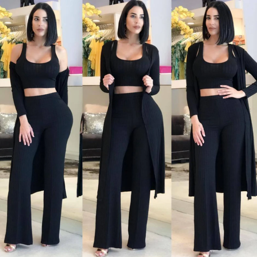 
3 piece suits ribbed jumpsuit with long coat 