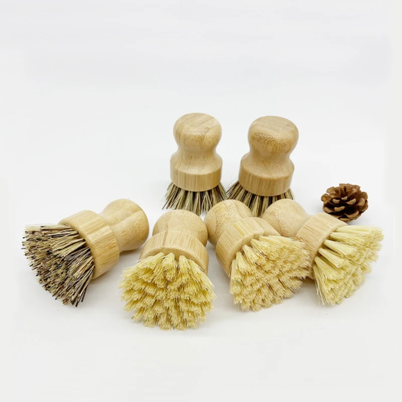 Kitchen Wooden Bamboo Cleaning Dish Scrub Brush for Washing Cast Iron Pan Pot Natural Palm and Sisal Bristles with a Handle