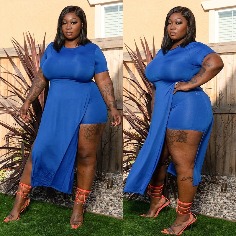 
Cowinner XL 5XL Plus Size 2pcs Outfits Trakcsuit For Woman Irregular Shirt And Bodycon Shorts Set Tracksuit 