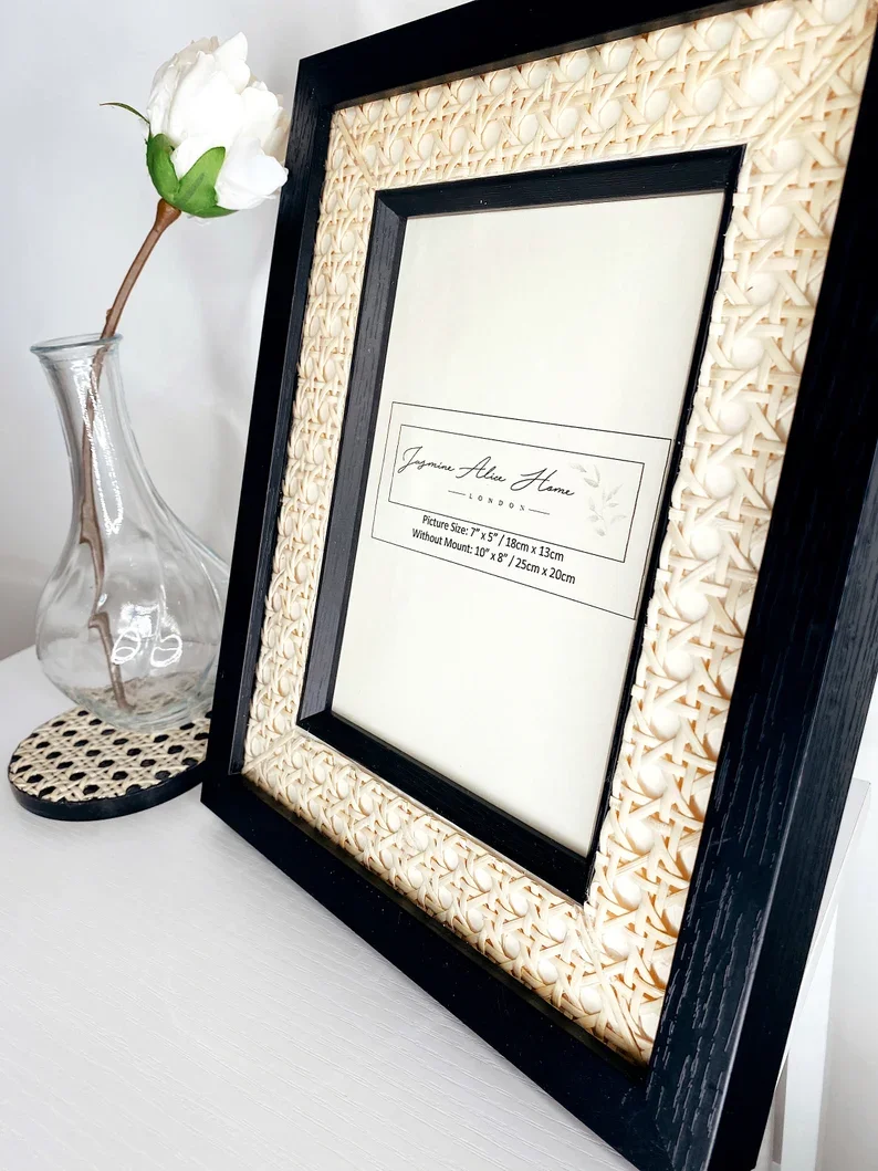 Handmade Caning woven Rattan Picture Frame Matte Black Rattan Photo Frame