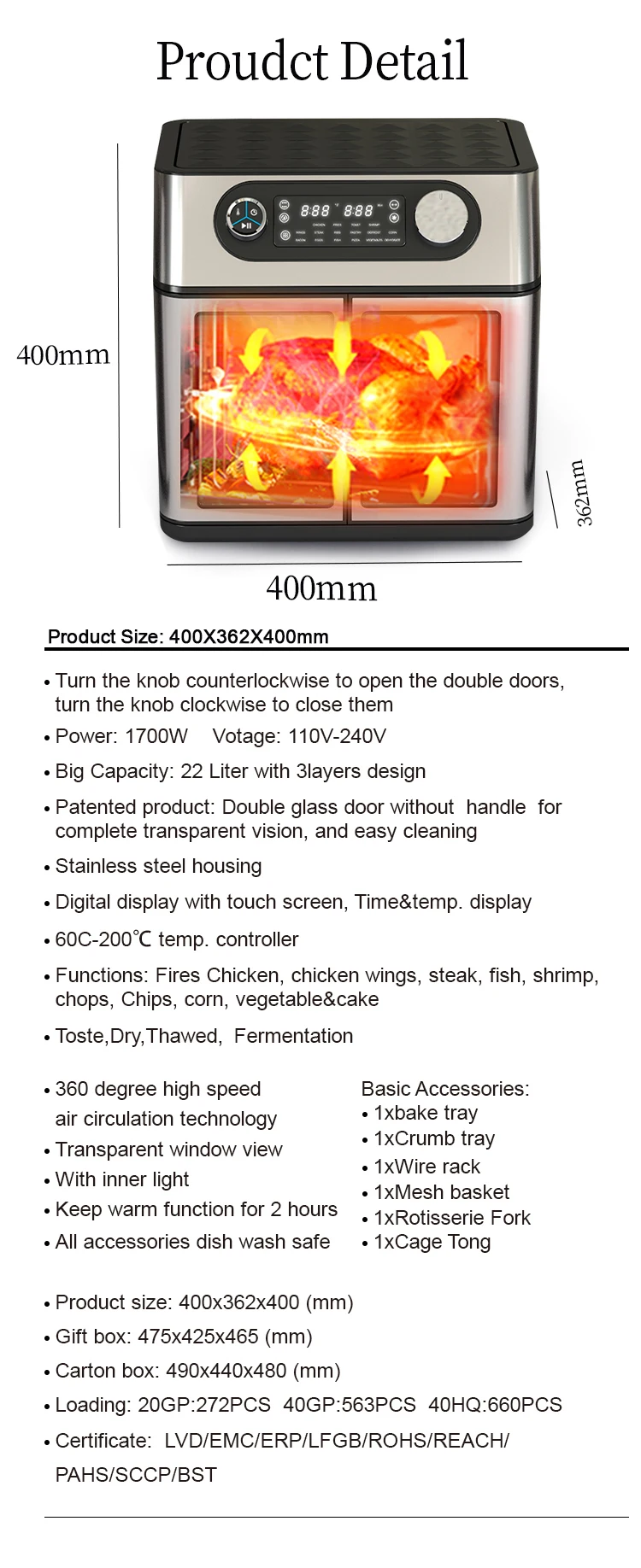 Best 2022 Premium Toaster Air Fryer Oven without Oil Free SS visible window and touch panel double door air fryer without handle