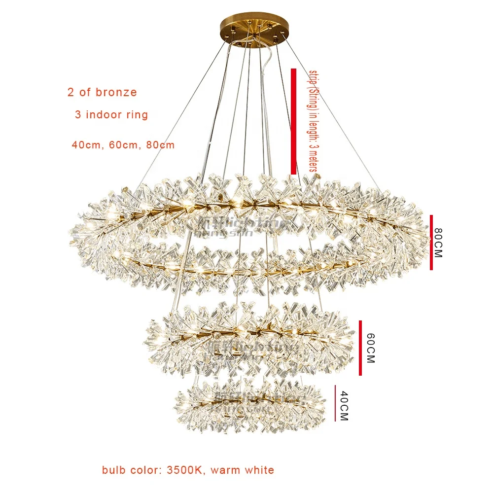 Luxury led modern crystal round three-story ceiling ceiling chandelier lighting living room dining room