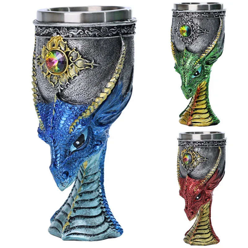 Creative Medieval Dragon Resin Goblet Hot Sale Resin Stainless Steel Mug Glasses Hand Painted Dragon Head Wine Goblet Cup