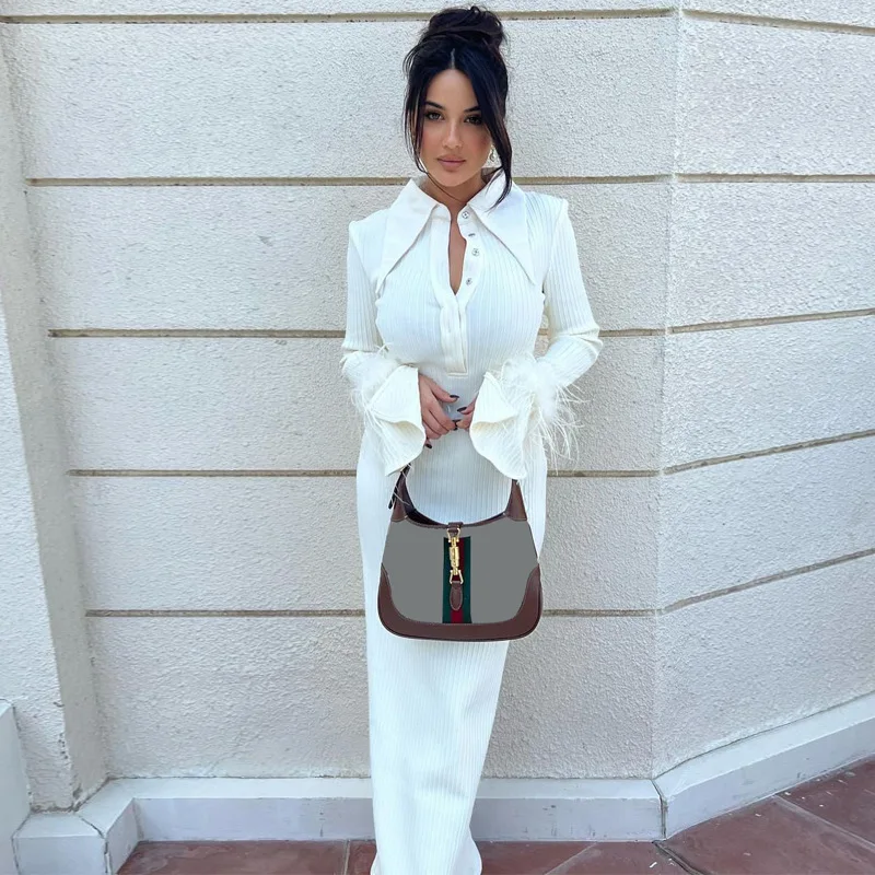 Elegant White Long Sleeve Polo Maxi Women Party Shirt Dresses With Feathers