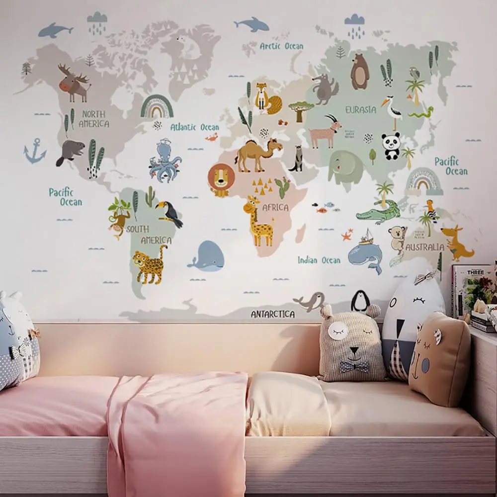 Animal World Map Wall Stickers Cartoon Lion Bear Travel Wall Decals Baby Kids Bedroom Nursery Toddler Room Wall Sticker Decor