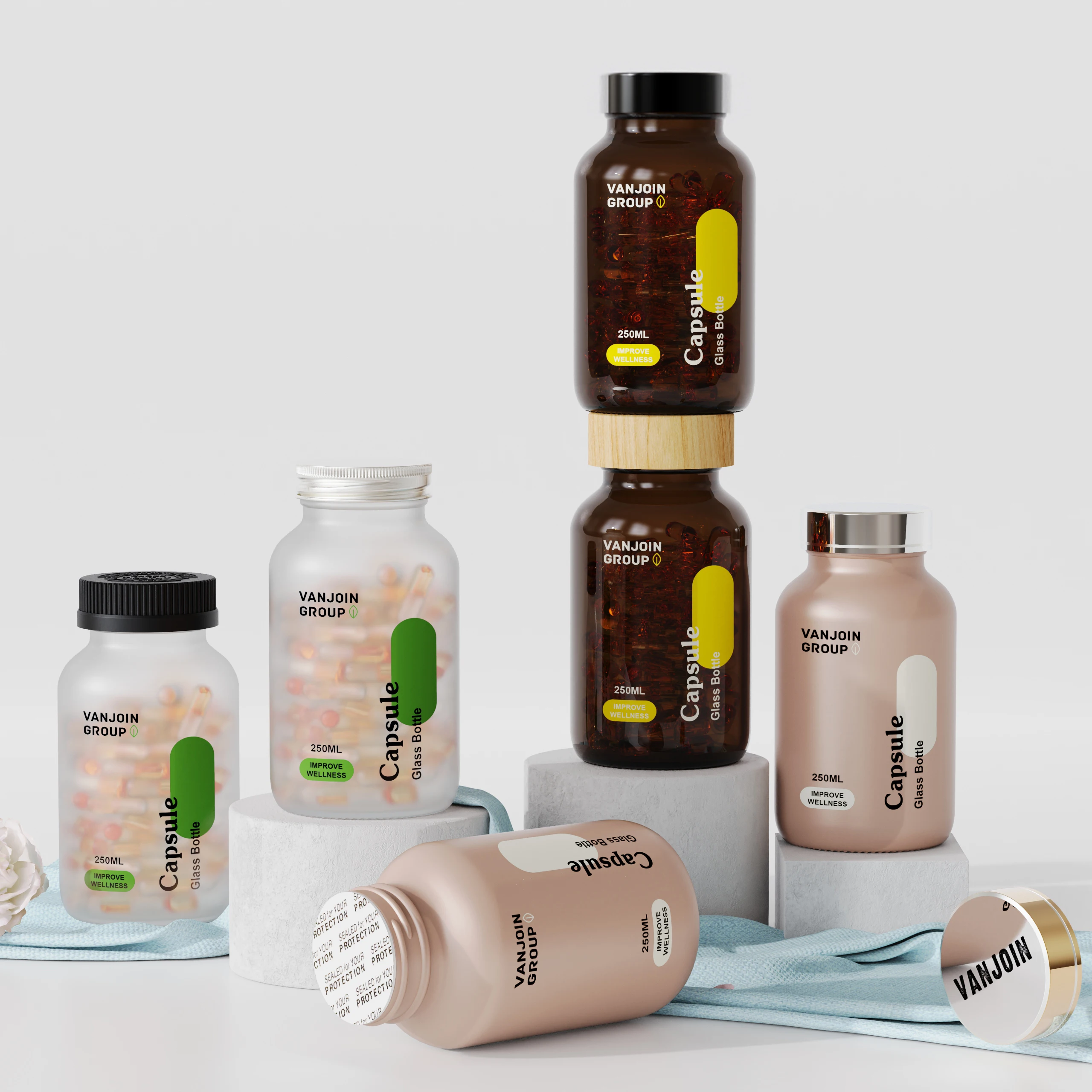 100ml 150ml 200ml 250ml Custom Clear Frosted Pharmaceutical Capsule Medicine Pill Empty Glass Bottles With Wood Lid and Seal