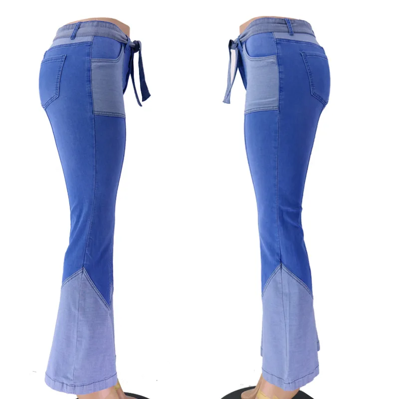 Women High Waist Two Color Stitching Slim Denim Pants Jeans With Belt  Beauty Denim Flared Pants