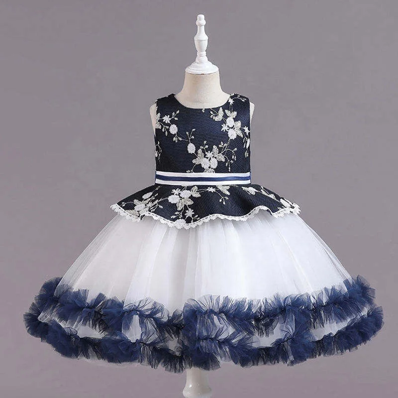 Formal Flower Girl Dress Blue Children Summer Casual Ball Gown Starry Sky Rose Pattern Design Sleeveless Princess Party Chiffon