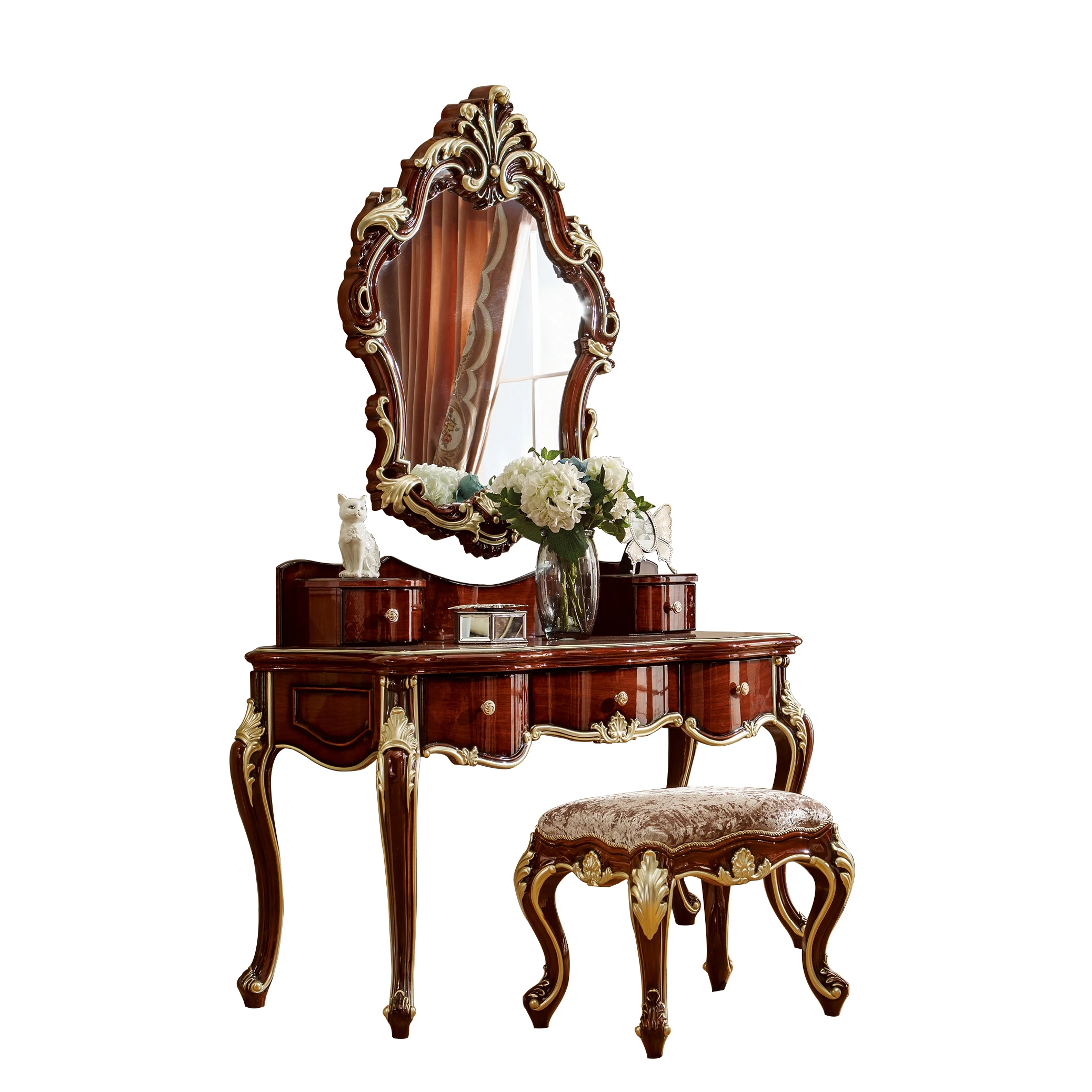 Luxury Style Royal Dressing Table with Mirror High-end Carved Wooden Set