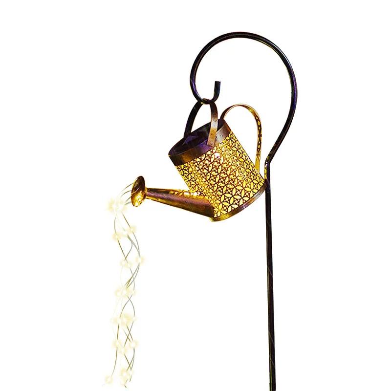 Yard Romantic Festival Decorations Solar Watering Can Lamp Led Light Garden Artwork Hollow Wrought Iron Kettle Shower Lamp