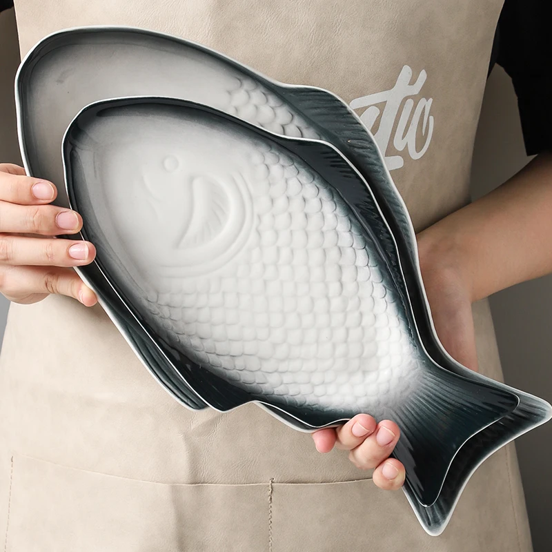 13  Inch Trustworthy Ceramic Tableware Manufacturer Good Price Hot Sale New Style Fish Dishes Plates Ceramic Fish Plate