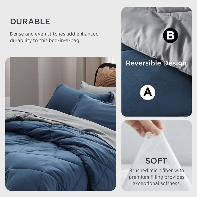 Navy Bedding Set Queen Reversible Bed Sets in a Bag with Comforters, Sheets, Pillowcases Shams and Comforter OEM szie bed set
