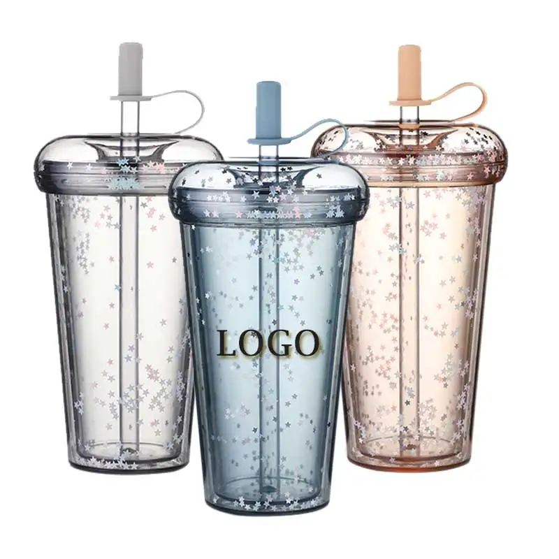 420mll Donut Shape Double Wall Coffee Cup With Straw Lid Glitters Plastic Cup Large Cold Cups