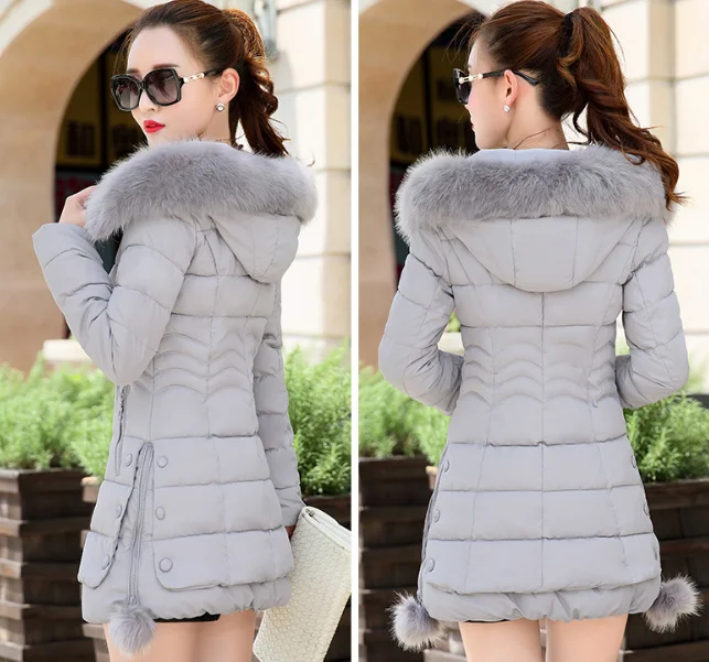 AIMINYZ Newest Wholesale Fashion Ladies Warm Hooded Cotton-padded Clothes In Long Hair Fur Collar For Women With Pocket