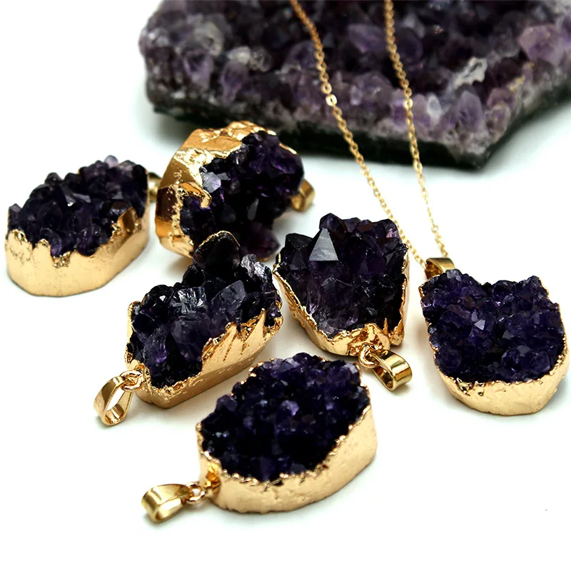 Raw Freeform Amethyst Druzy Irregular Stone Jewelry Pendant Dark Amethyst Quartz Crystal Tooth Plated Gilt Necklace Gold Pendant