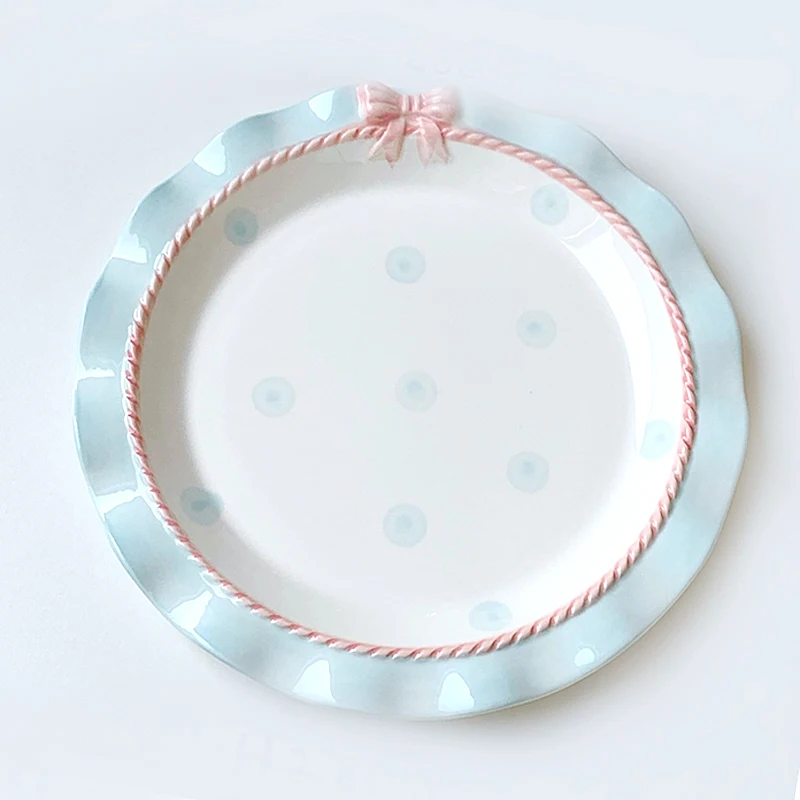 Cute Salad Bow Knot Porcelain Bowl and Plate Set Dishes White Blue and Pink Ceramic Dessert Cake Pasta Plate Soup Tray for Home