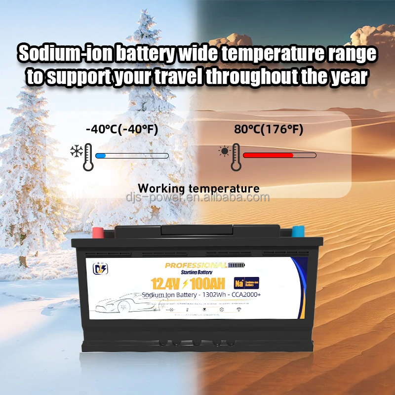 12V 100Ah 1240Wh Sodium Ion Cranking Battery DIN100 Replacement CCA2000 -40℃ Na Ion Battery Pack for Car Starting Auto