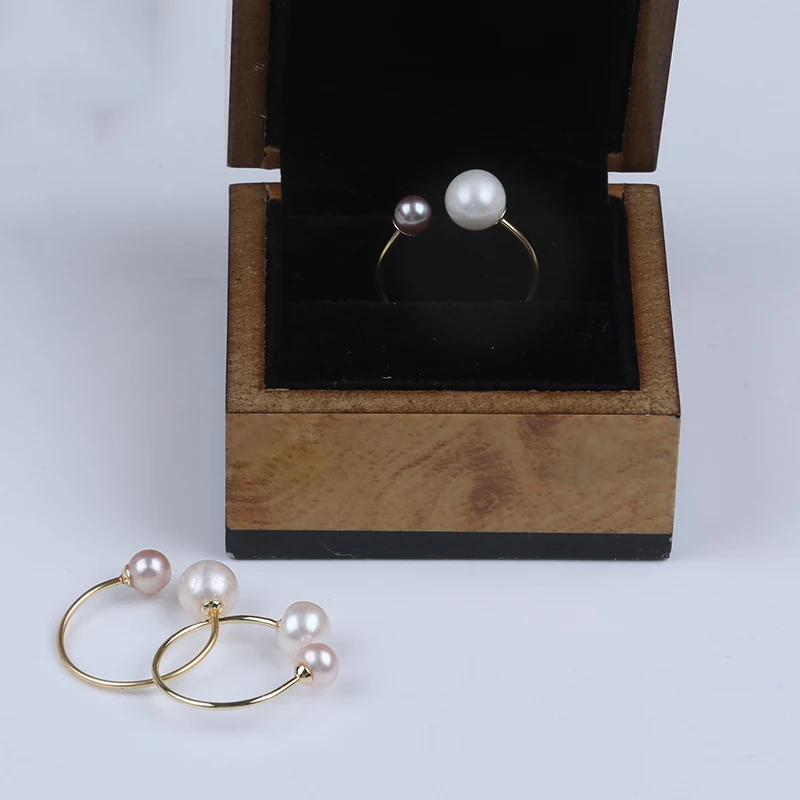 gold plated natural white pink purple color real freshwater adjustable round pearl ring